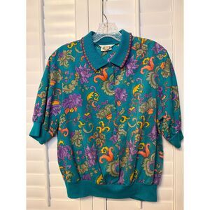 Vintage 80s Season Ticket Floral Knit Collar Blouson Polo Top Large Petite USA